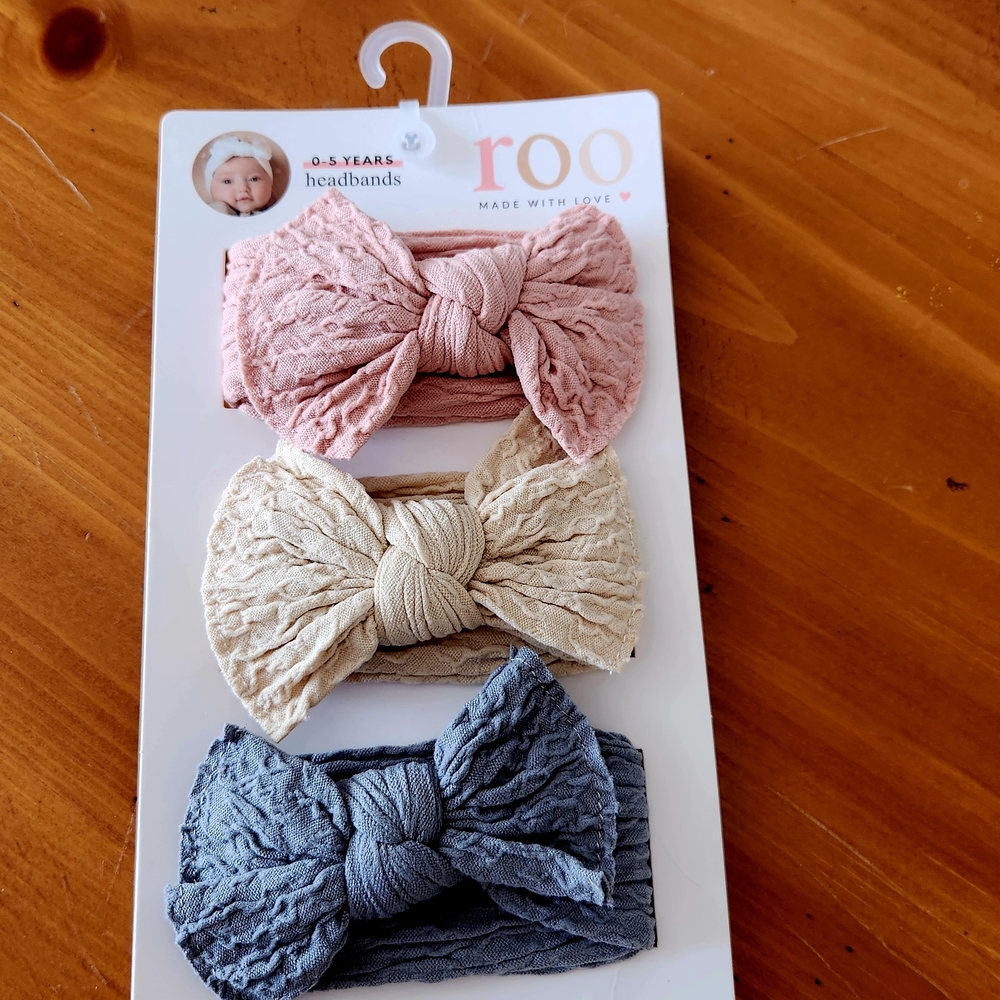 NWT Roo 0-5years Textured Bow Headbands 3pk